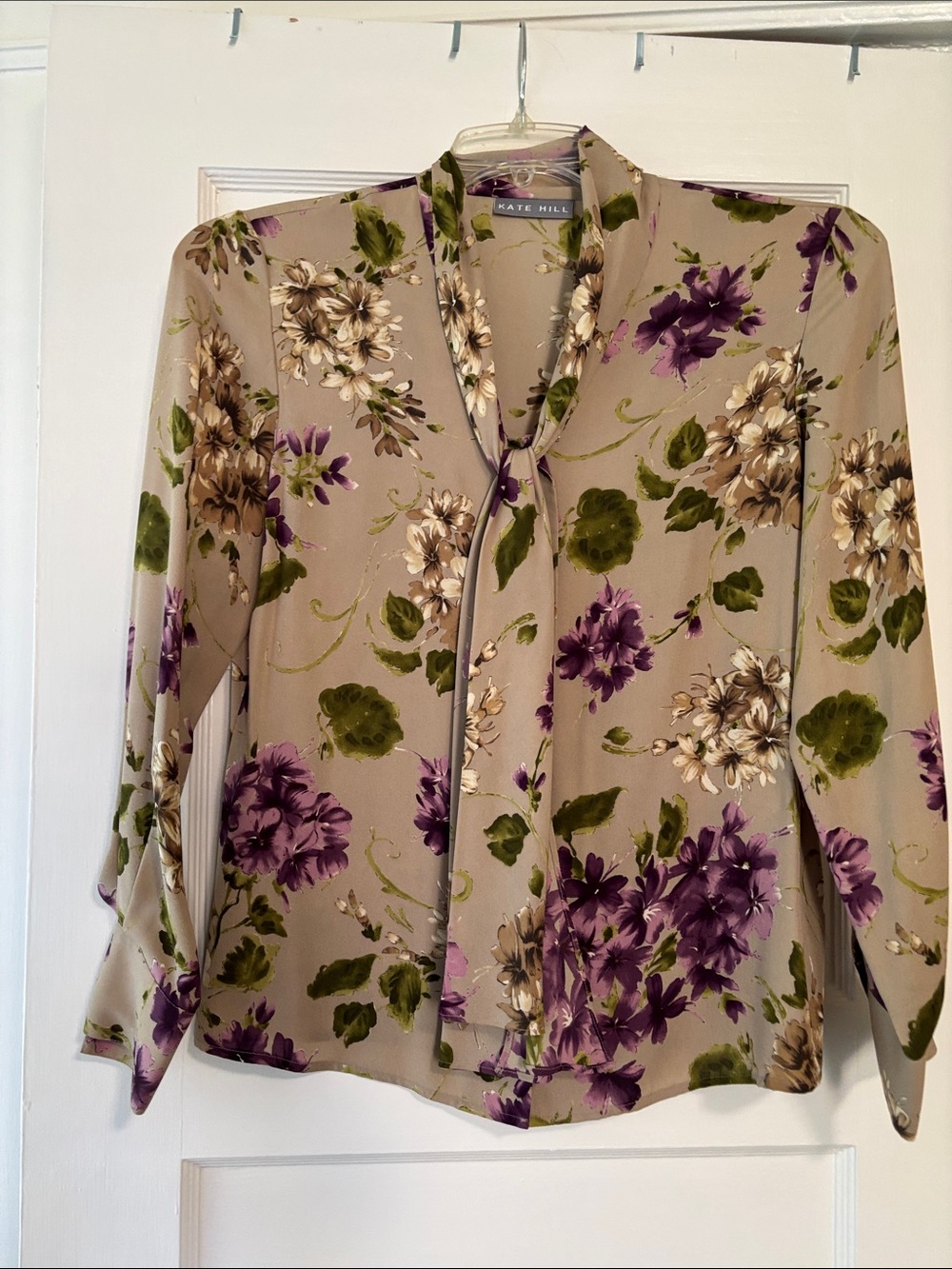 Kate Hill Vintage Silk Floral Blouse Purple Olive Beige Button Front Size 4